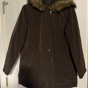 Parka/Winter Coat with Fur Trimmed Hood – Dark Brown - Size Medium